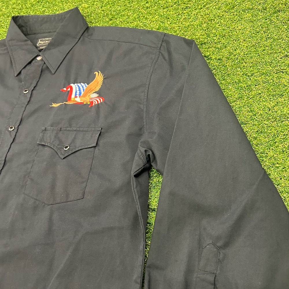 High Noon Mens XL Black Western Pearl Snap Shirt Eagle American Flag Embroidered - Picture 6 of 8